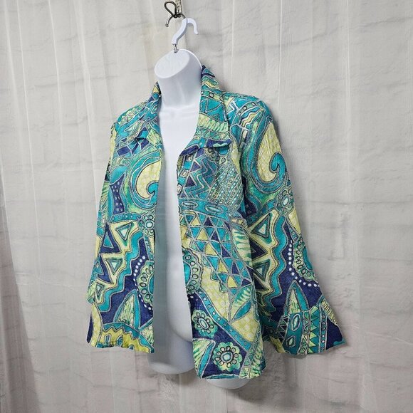 Chico's Jacket Blue Green Abstract Artsy Burnout Open Psychedelic Shacket 2 (L) - Picture 5 of 14